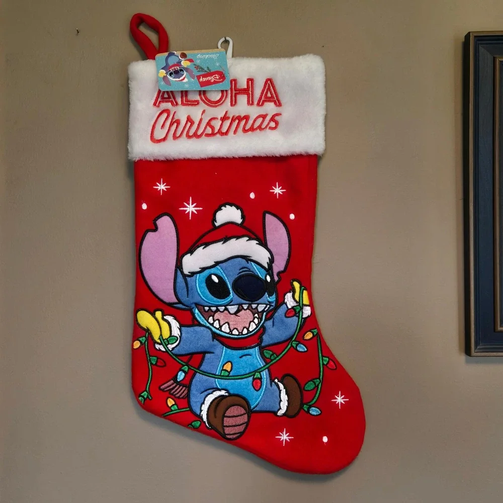 Disney‎ Lilo & Stitch Aloha Christmas Stocking Red White Faux Fur Ruz 18706418